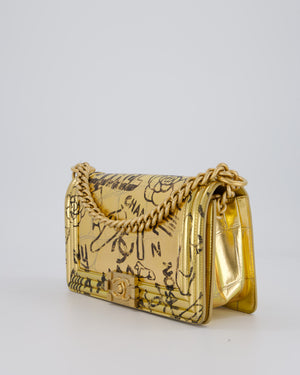 Chanel 19A Metallic Gold & Black Graffiti Print Medium Boy Bag in Croc Embossed Calfskin Leather with Gold Hardware