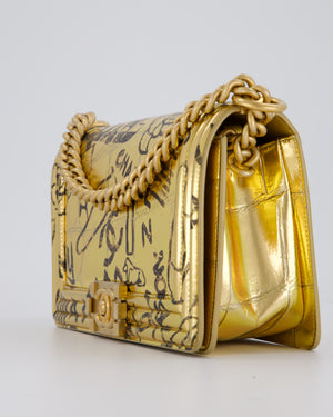 Chanel 19A Metallic Gold & Black Graffiti Print Medium Boy Bag in Croc Embossed Calfskin Leather with Gold Hardware