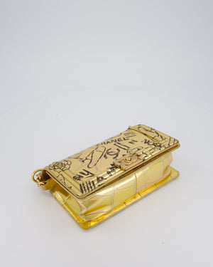 Chanel 19A Metallic Gold & Black Graffiti Print Medium Boy Bag in Croc Embossed Calfskin Leather with Gold Hardware