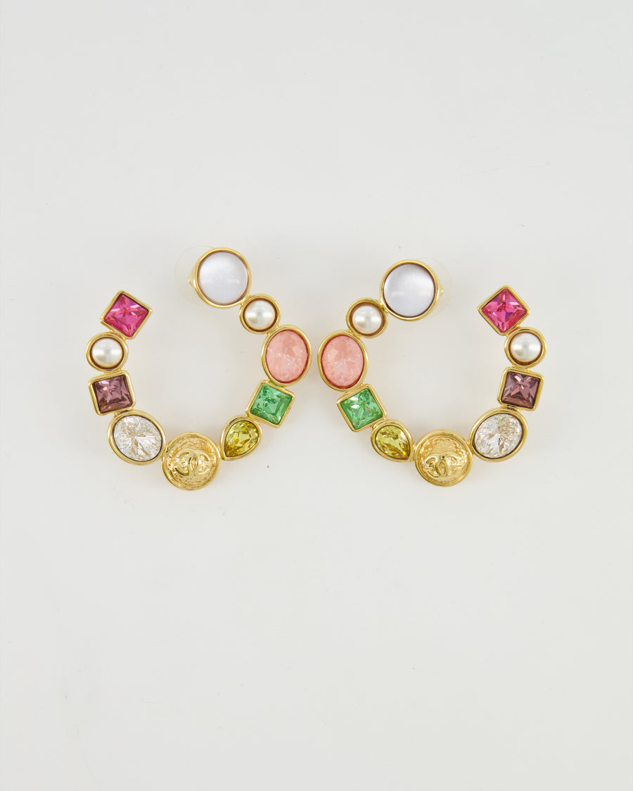 Chanel Cruise 26 Collection Gold Round CC Hoop Earrings with Multi-Colour Crystal Details
