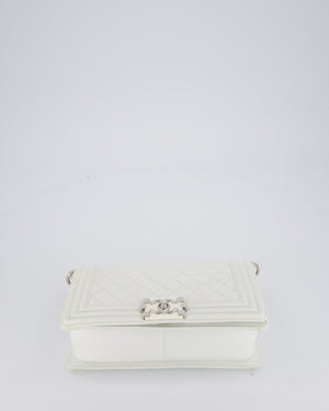 Chanel White Medium Boy Bag in Patent Leather with Silver Hardware