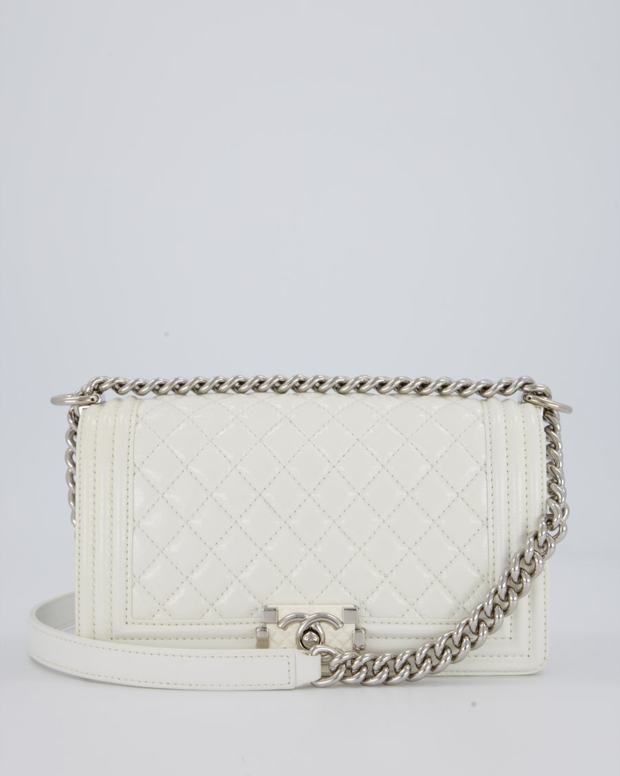 Chanel White Medium Boy Bag in Patent Leather with Silver Hardware