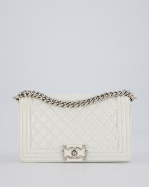 Chanel White Medium Boy Bag in Patent Leather with Silver Hardware