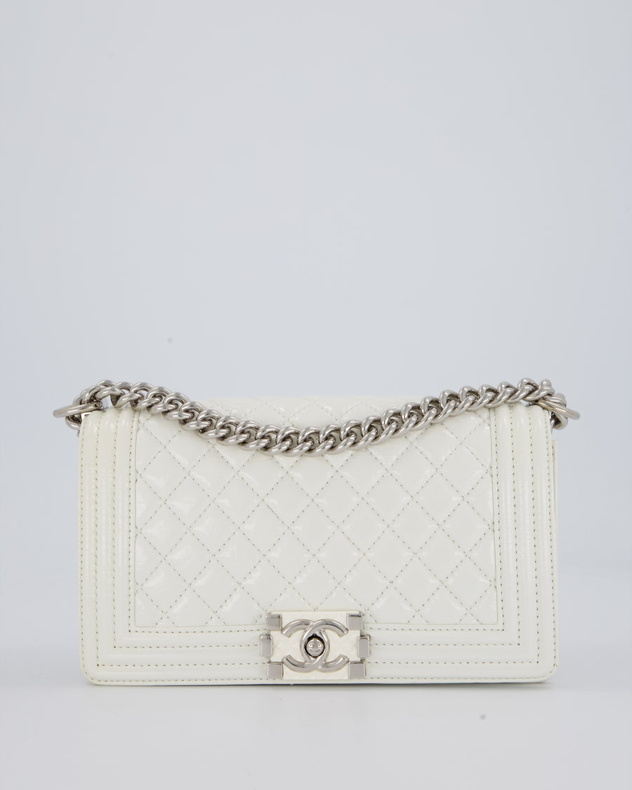 Chanel White Medium Boy Bag in Patent Leather with Silver Hardware