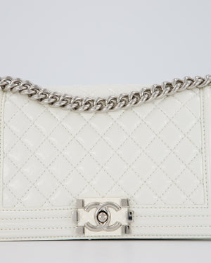 Chanel White Medium Boy Bag in Patent Leather with Silver Hardware