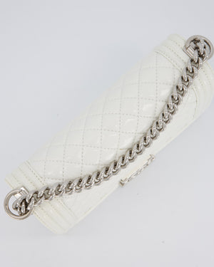 Chanel White Medium Boy Bag in Patent Leather with Silver Hardware