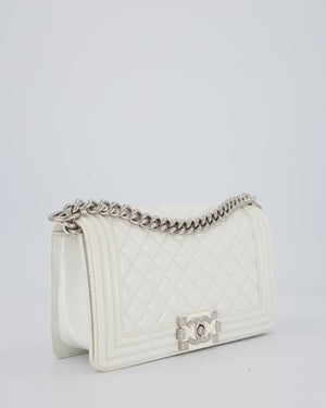 Chanel White Medium Boy Bag in Patent Leather with Silver Hardware
