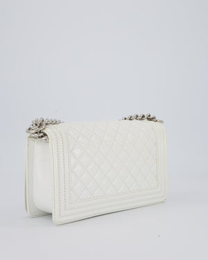 Chanel White Medium Boy Bag in Patent Leather with Silver Hardware