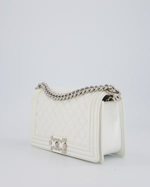 Chanel White Medium Boy Bag in Patent Leather with Silver Hardware