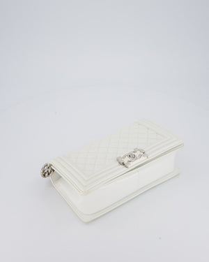 Chanel White Medium Boy Bag in Patent Leather with Silver Hardware