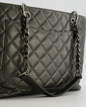 Chanel Grand Shopping Tote GST Bag in Metallic Grey Caviar Leather with Silver Hardware