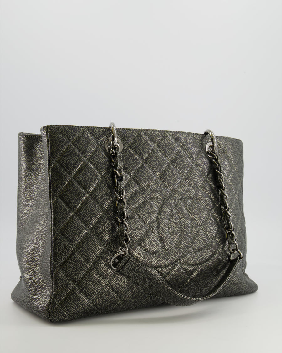 Chanel Grand Shopping Tote GST Bag in Metallic Grey Caviar Leather with Silver Hardware