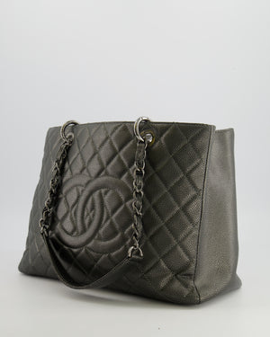 Chanel Grand Shopping Tote GST Bag in Metallic Grey Caviar Leather with Silver Hardware
