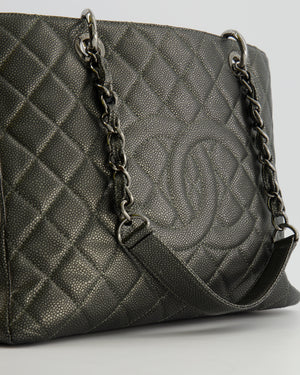 Chanel Grand Shopping Tote GST Bag in Metallic Grey Caviar Leather with Silver Hardware