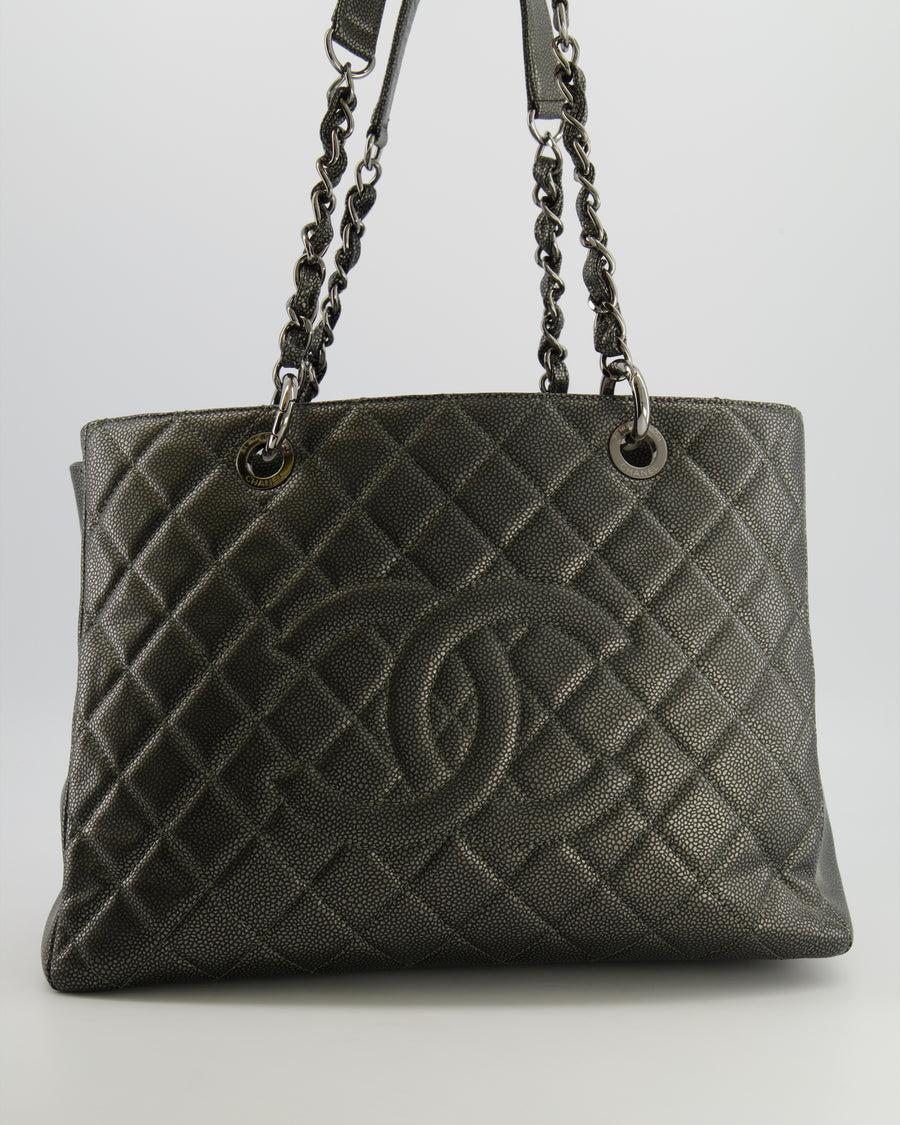 Chanel Grand Shopping Tote GST Bag in Metallic Grey Caviar Leather with Silver Hardware