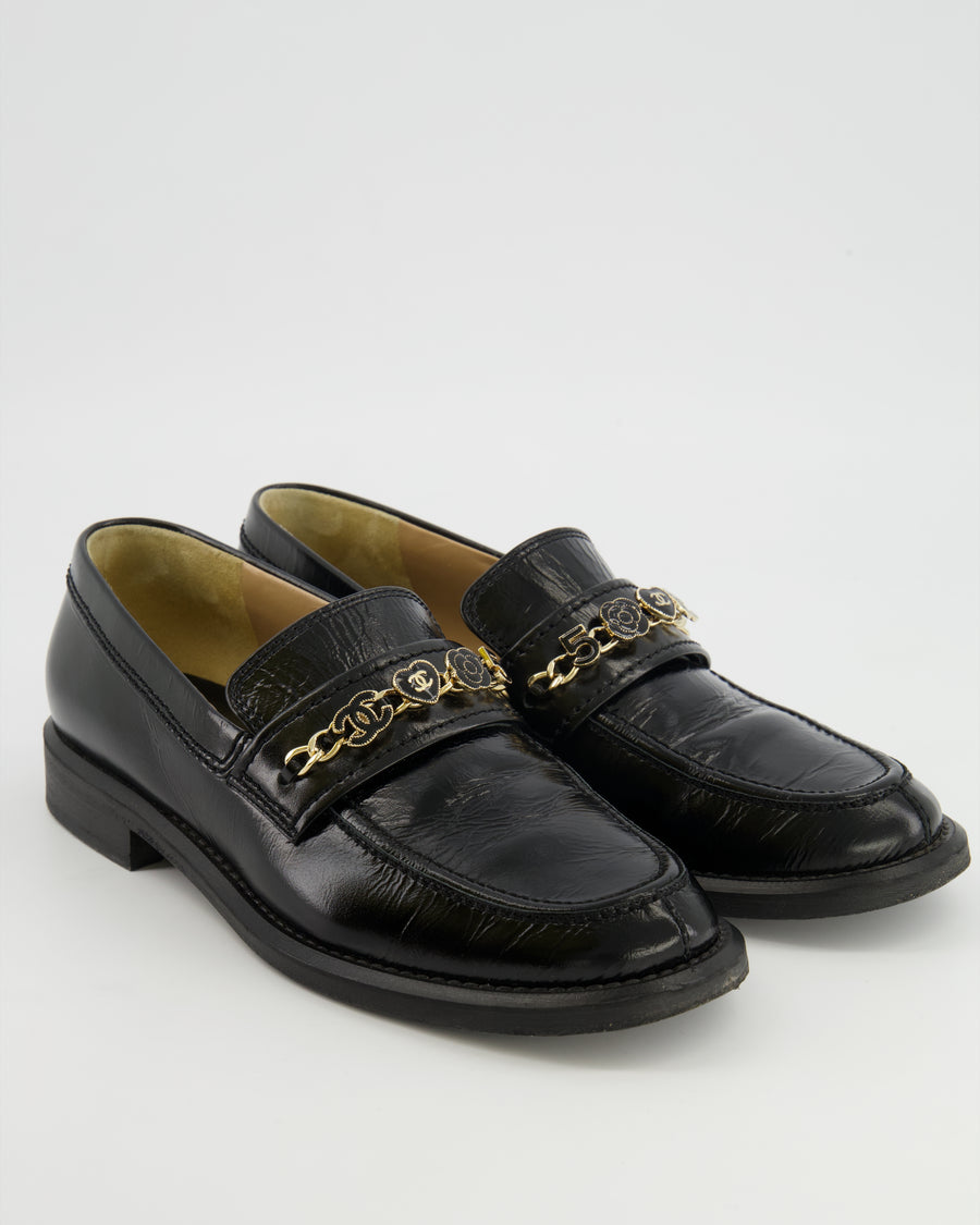 Chanel Black Patent Leather Loafers With Gold Enamel CC Logo Charm Details Size EU 40