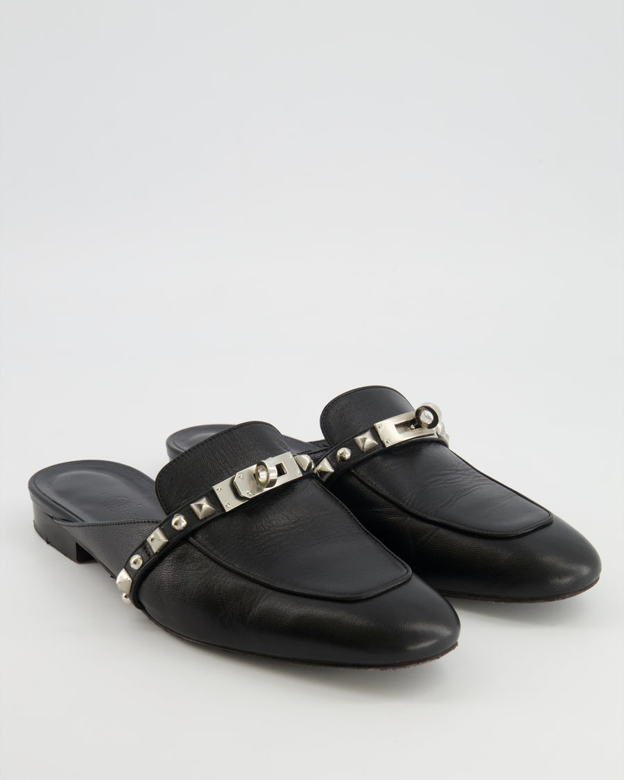 Hermès Black Leather Oz Mules with Silver Stud Details Size EU 39 RRP £1,600