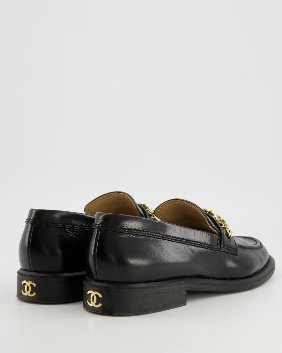 Chanel Black Patent Leather Loafers With Gold Enamel CC Logo Charm Details Size EU 40