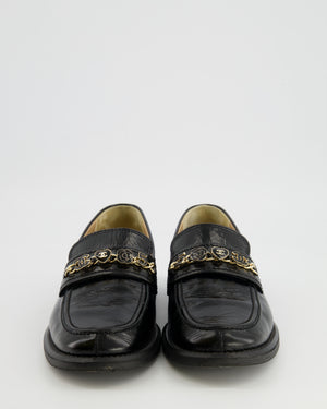 Chanel Black Patent Leather Loafers With Gold Enamel CC Logo Charm Details Size EU 40