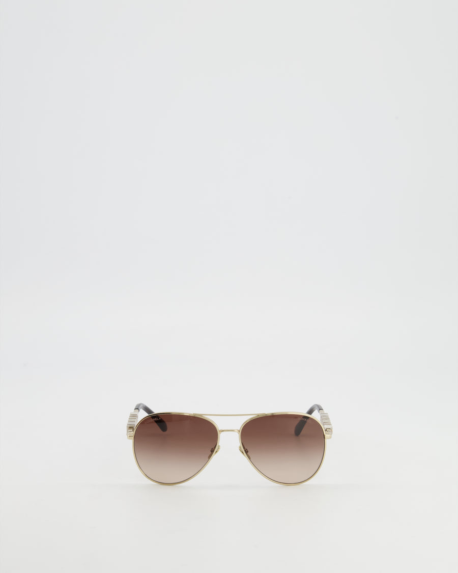 Chanel Gold Pilot Sunglasses with Crystal Embellished Logo Size Details RRP £1,400
