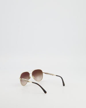 Chanel Gold Pilot Sunglasses with Crystal Embellished Logo Size Details RRP £1,400
