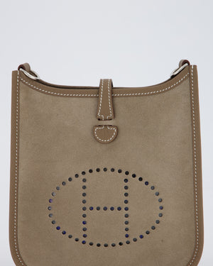 Hermès Mini Evelyne Sellier Bag in Gris Caillou Grizzly Suede and Etoupe Clemence Leather with Palladium Hardware
