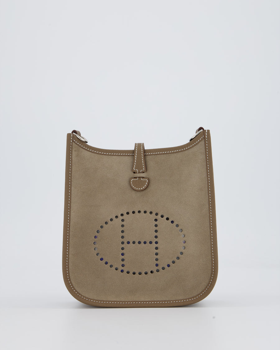 Hermès Mini Evelyne Sellier Bag in Gris Caillou Grizzly Suede and Etoupe Clemence Leather with Palladium Hardware
