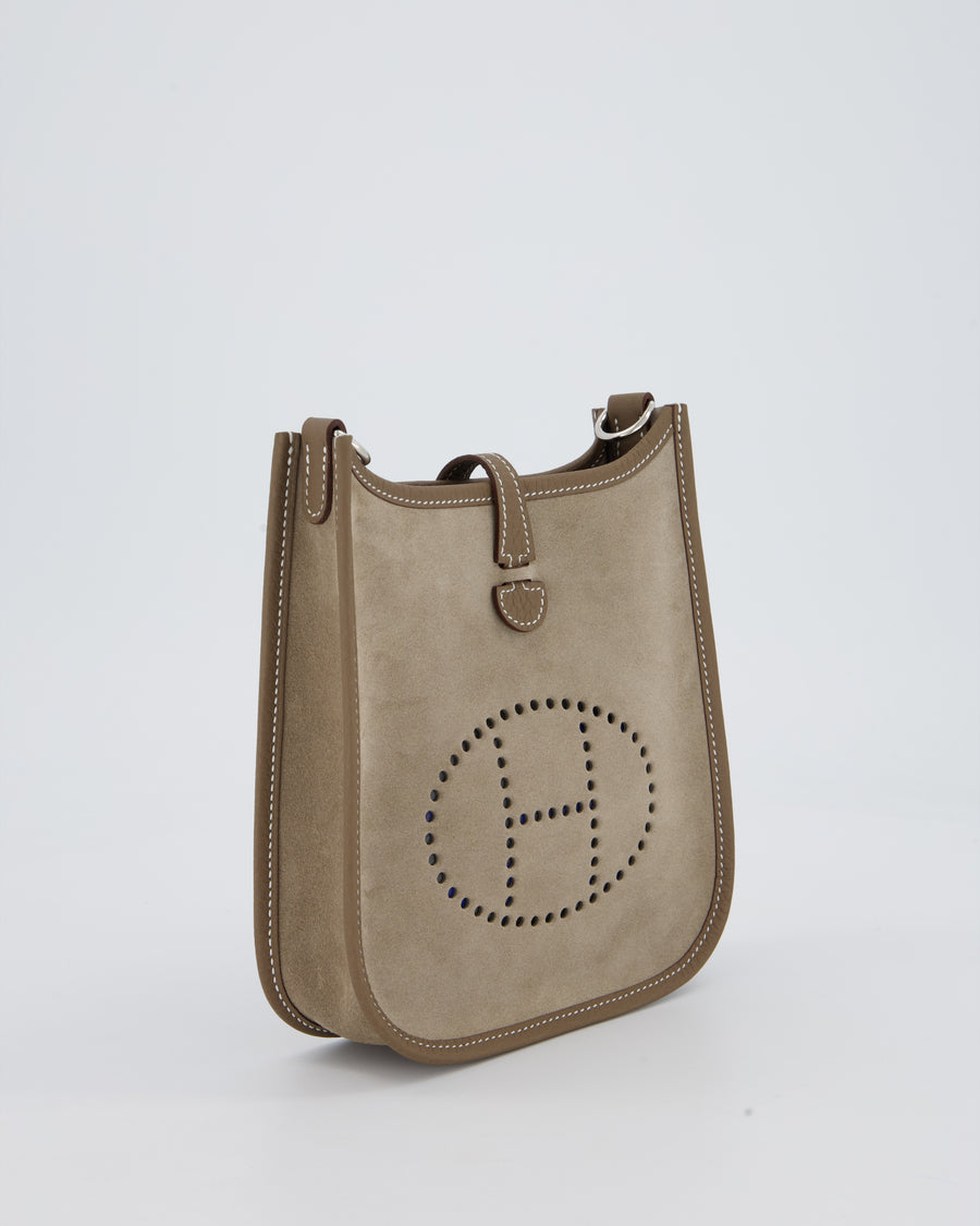 Hermès Mini Evelyne Sellier Bag in Gris Caillou Grizzly Suede and Etoupe Clemence Leather with Palladium Hardware