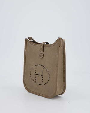 Hermès Mini Evelyne Sellier Bag in Gris Caillou Grizzly Suede and Etoupe Clemence Leather with Palladium Hardware
