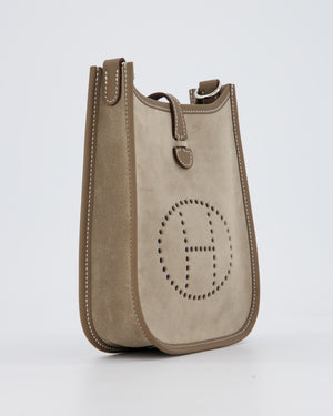 Hermès Mini Evelyne Sellier Bag in Gris Caillou Grizzly Suede and Etoupe Clemence Leather with Palladium Hardware