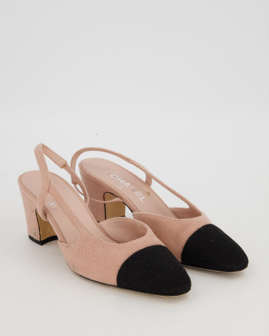 Chanel Pink Fabric Slingback Pumps with Black Cap Toe Size EU 38
