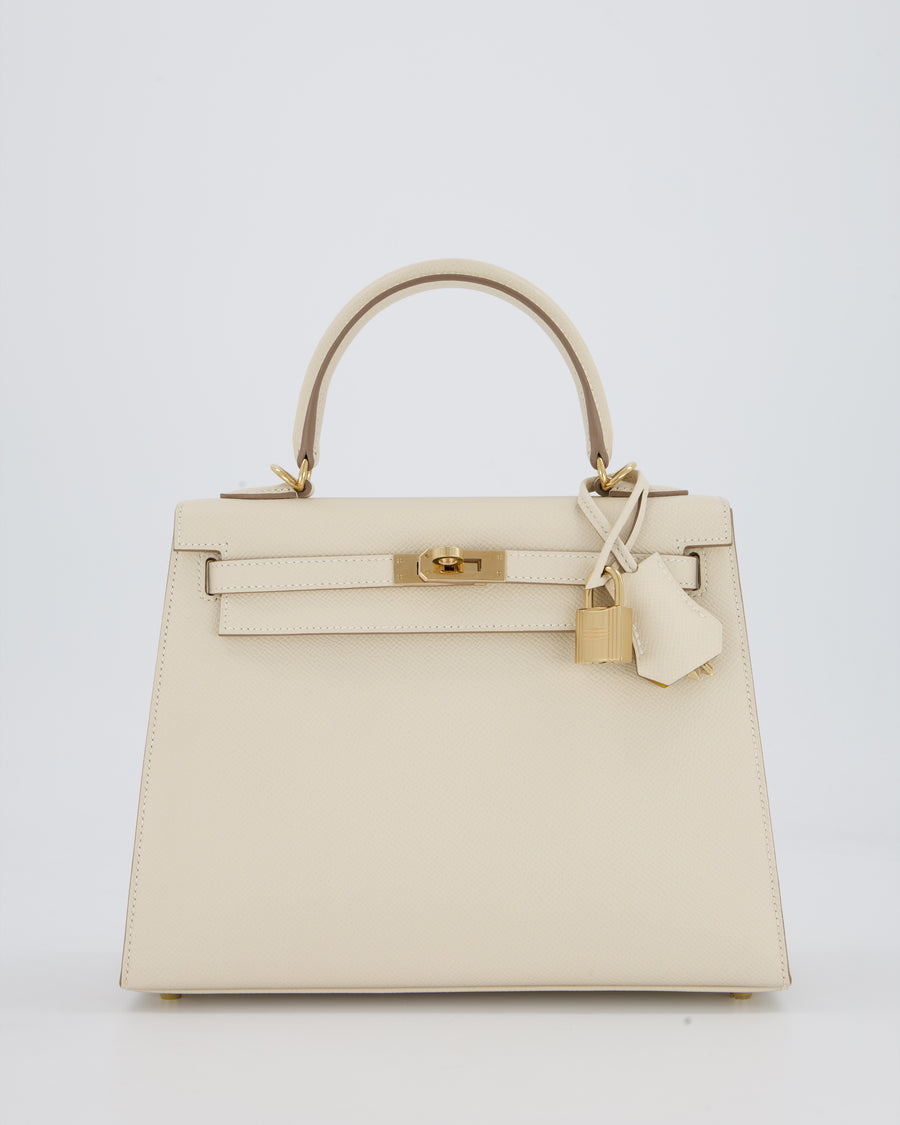 *RARE* Hermès HSS Kelly 25 Sellier Bag in Verso Craie and Jaune Ambre Epsom Leather with Permabrass&nbsp; Hardware