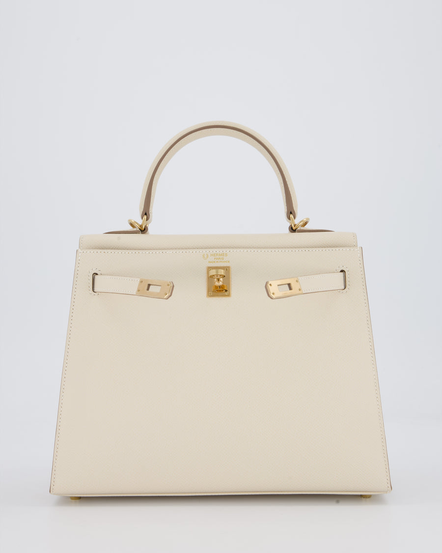 *RARE* Hermès HSS Kelly 25 Sellier Bag in Verso Craie and Jaune Ambre Epsom Leather with Permabrass&nbsp; Hardware