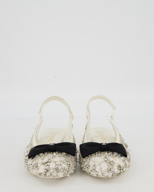 Chanel White Satin Crystal Embellished Slingback Flats with Black Grosgrain CC Bow Detail Size EU39