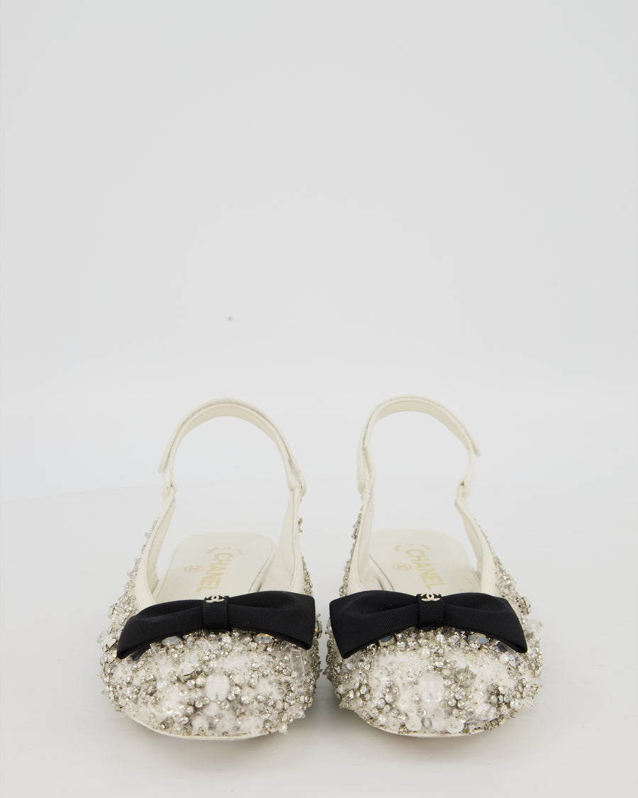 Chanel White Satin Crystal Embellished Slingback Flats with Black Grosgrain CC Bow Detail Size EU39