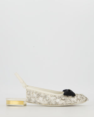 Chanel White Satin Crystal Embellished Slingback Flats with Black Grosgrain CC Bow Detail Size EU39