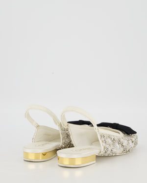 Chanel White Satin Crystal Embellished Slingback Flats with Black Grosgrain CC Bow Detail Size EU39
