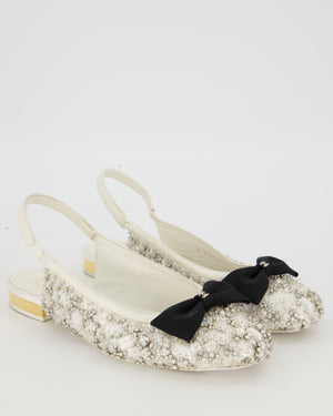 Chanel White Satin Crystal Embellished Slingback Flats with Black Grosgrain CC Bow Detail Size EU39