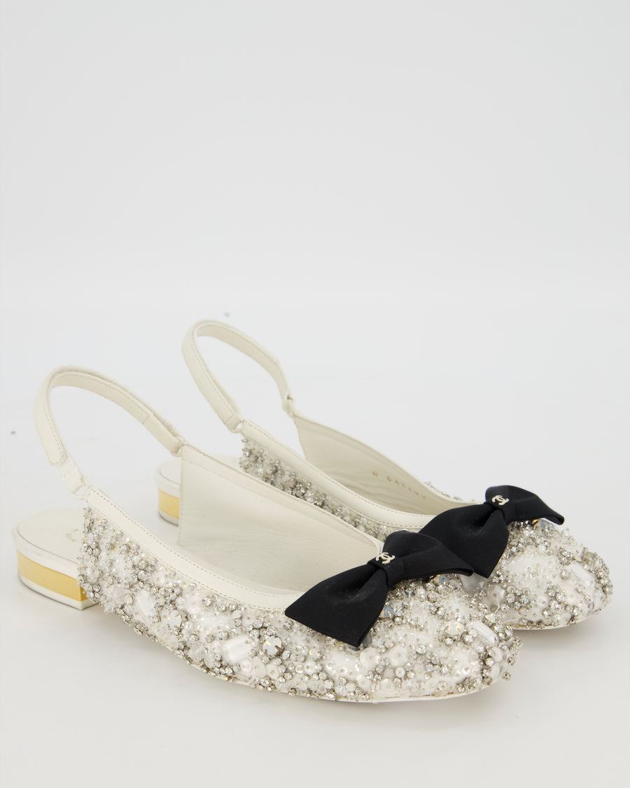 Chanel White Satin Crystal Embellished Slingback Flats with Black Grosgrain CC Bow Detail Size EU39