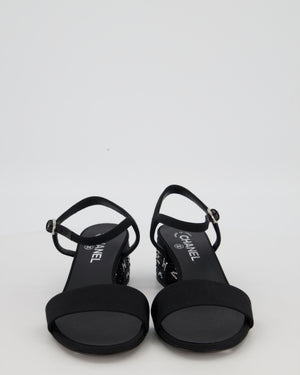 Chanel Black Crystal Embellished Open-Toe Sandals with Chanel Logo Rhinestone Block Heel Detail Size EU 39.5