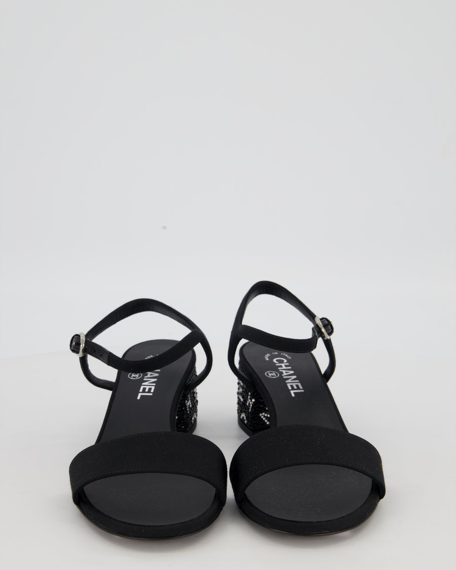 Chanel Black Crystal Embellished Open-Toe Sandals with Chanel Logo Rhinestone Block Heel Detail Size EU 39.5
