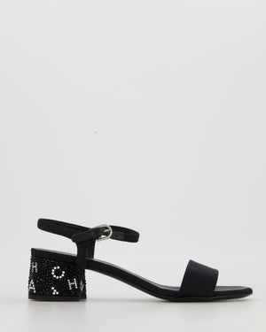 Chanel Black Crystal Embellished Open-Toe Sandals with Chanel Logo Rhinestone Block Heel Detail Size EU 39.5