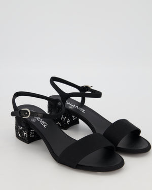 Chanel Black Crystal Embellished Open-Toe Sandals with Chanel Logo Rhinestone Block Heel Detail Size EU 39.5