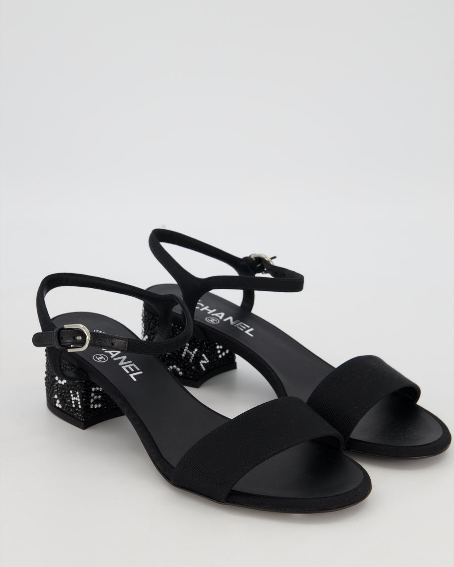 Chanel Black Crystal Embellished Open-Toe Sandals with Chanel Logo Rhinestone Block Heel Detail Size EU 39.5