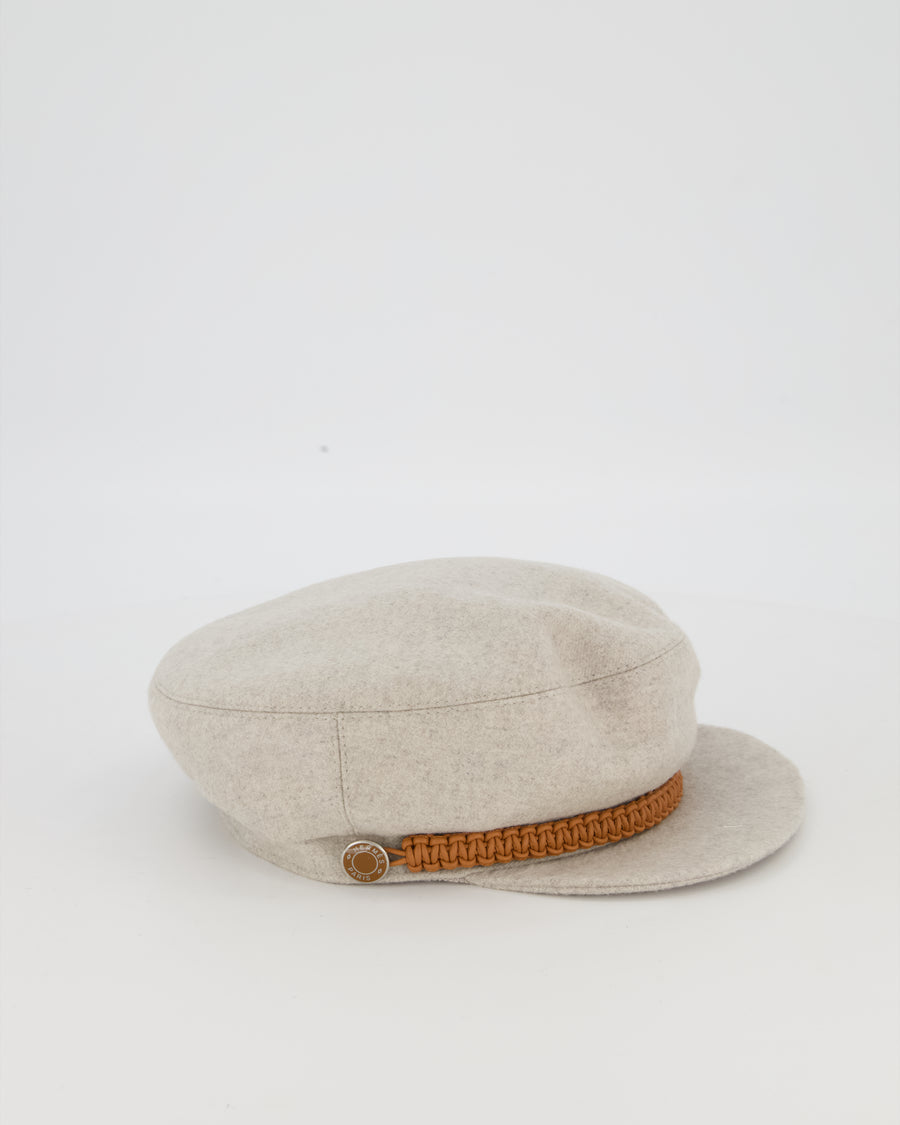 Hermès Grey Deauville Cap in Cashmere with Braided Leather Trim Size 56