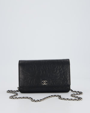 Chanel Camellia Black Wallet on Chain Bag in Lambskin Embossed Floral Leather with Silver Hardware