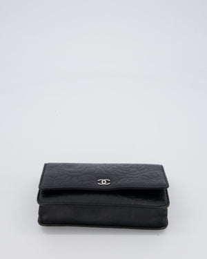 Chanel Camellia Black Wallet on Chain Bag in Lambskin Embossed Floral Leather with Silver Hardware