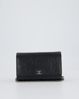 Chanel Camellia Black Wallet on Chain Bag in Lambskin Embossed Floral Leather with Silver Hardware