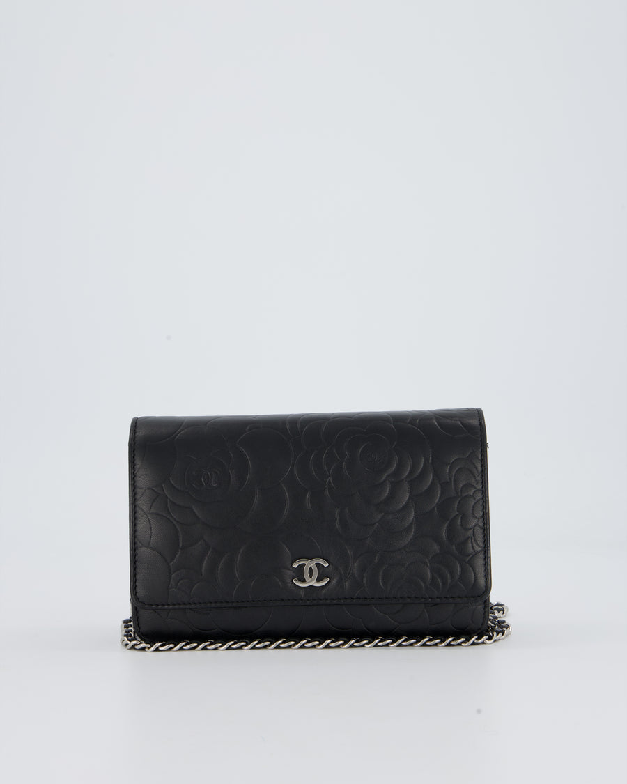 Chanel Camellia Black Wallet on Chain Bag in Lambskin Embossed Floral Leather with Silver Hardware