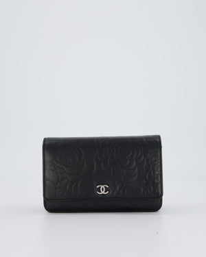 Chanel Camellia Black Wallet on Chain Bag in Lambskin Embossed Floral Leather with Silver Hardware